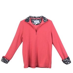 Orvis Women’s Salmon Pink 1/4 Zip Knit Pullover Navy Floral Cotton Cuffs Size S